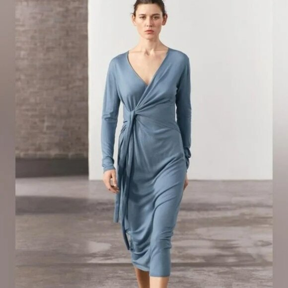 ZARA Wool Blend Wrap Midi Dress Blue Women's Small NWT - Picture 1 of 12